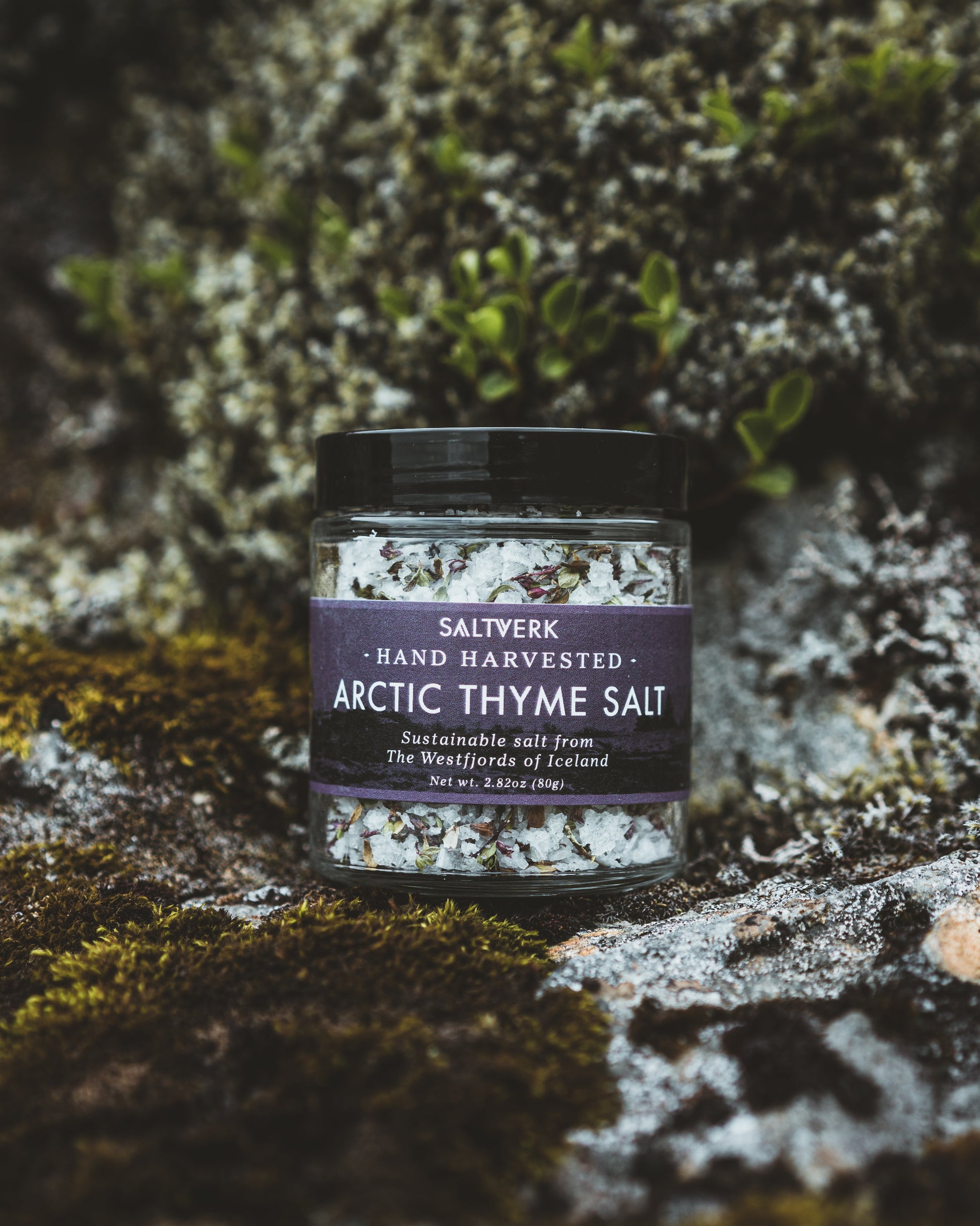 Jar of Saltverk Arctic Thyme Salt on a textured stone surface
