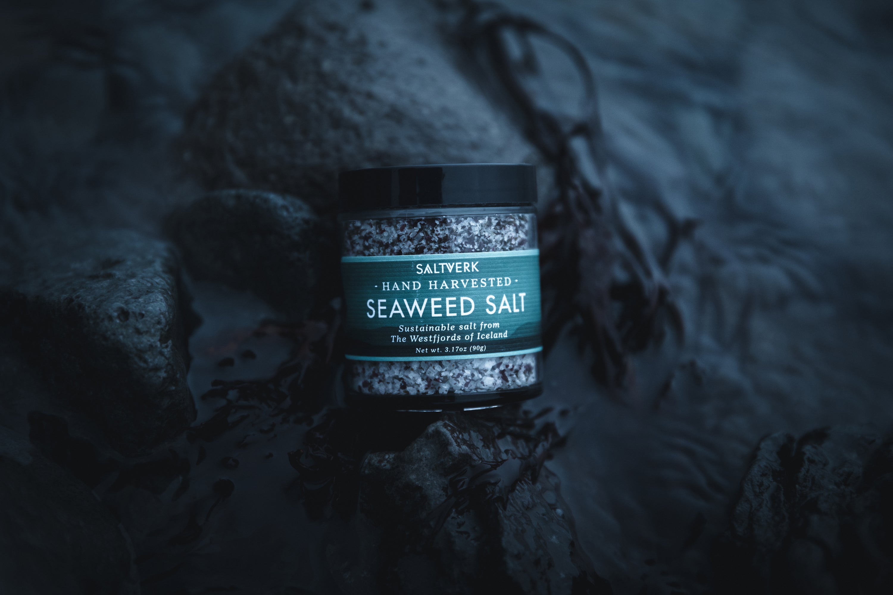 Jar of Seaweed Salt on a rocky surface